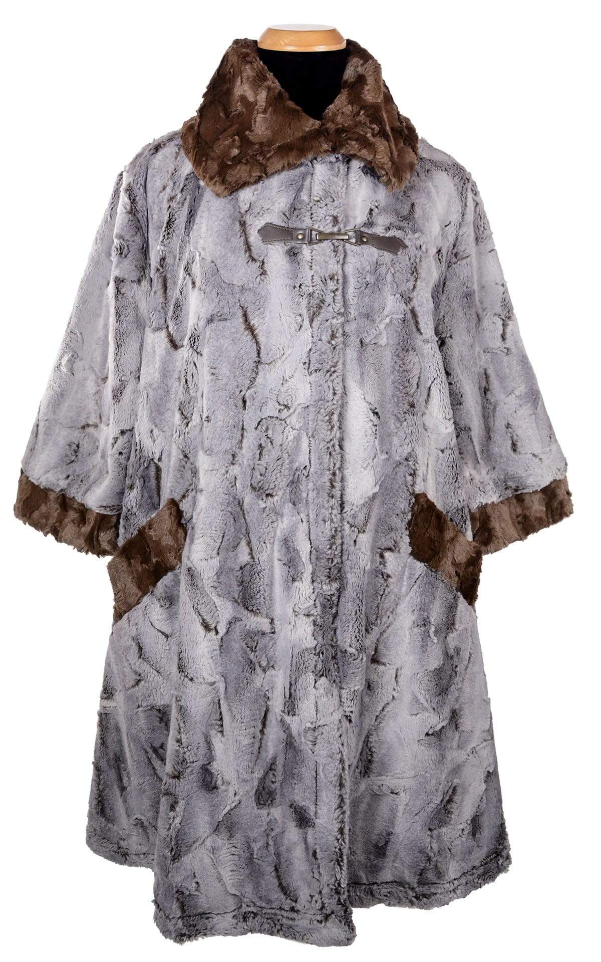 Front View of Crawford Coat in Giant's Causeway Faux Fur. Buckle Clasp Swing Coat | Handmade in Seattle, WA | Pandemonium Seattle