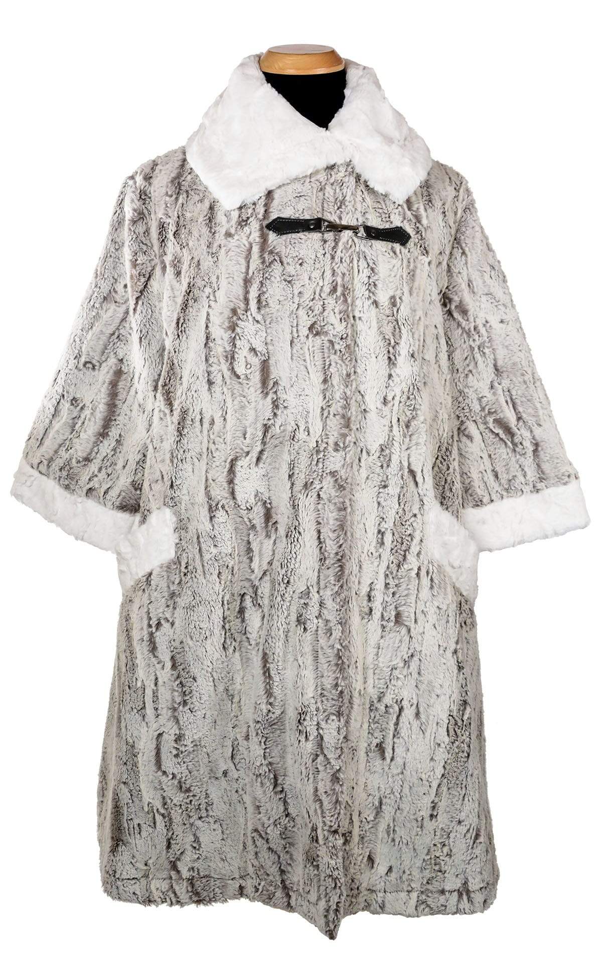 Front View of Crawford Coat in Khaki grayish Faux Fur. Buckle Clasp Swing Coat | Handmade in Seattle, WA | Pandemonium Seattle