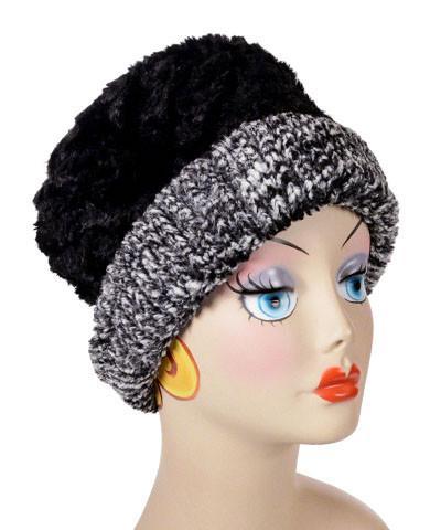   Women&#39;s Cuffed Pillbox on mannequin | Cozy Cable Black and White Faux Fur with Cuddly Black | Handmade USA by Pandemonium Seattle