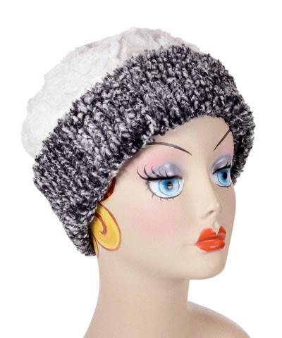    Women's Cuffed Pillbox on mannequin shown in reverse | Cozy Cable Black and White Faux Fur with Cuddly Ivory | Handmade USA by Pandemonium Seattle