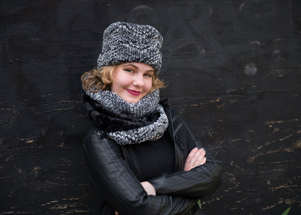 Cuffed Pillbox, Reversible (Solid or Two-Tone) - Cozy Cable in Ash Faux Fur
