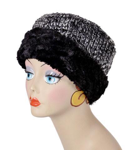   Women&#39;s Cuffed Pillbox on mannequin shown in reverse | Cozy Cable Black and White Faux Fur with Cuddly Black | Handmade USA by Pandemonium Seattle