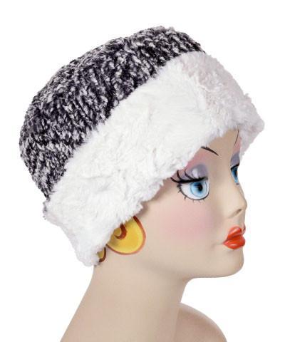  Women's Cuffed Pillbox on mannequin shown in reverse | Cozy Cable Black and White Faux Fur with Cuddly Ivory | Handmade USA by Pandemonium Seattle