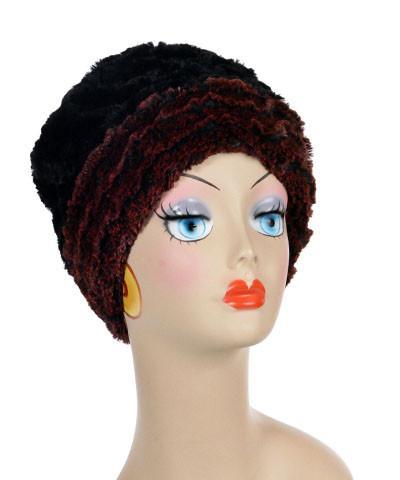   Women's Cuffed Pillbox on mannequin shown in reverse | Cuffed Pillbox Desert Sand in Crimson with Cuddly Black | Handmade USA by Pandemonium Seattle