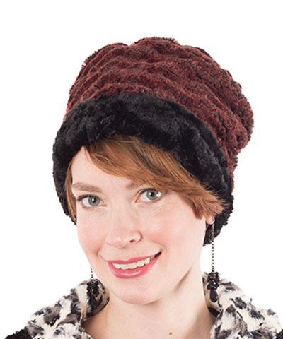 Women's Cuffed Pillbox on model | Cuffed Pillbox Desert Sand in Crimson with Cuddly Black | Handmade USA by Pandemonium Seattle