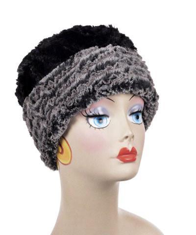   Women's Cuffed Pillbox on mannequin shown in reverse | Cuffed Pillbox Desert Sand in Charcoal with Cuddly Black | Handmade USA by Pandemonium Seattle