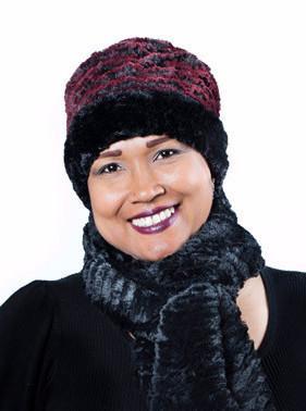 Women's Cuffed Pillbox on model with Scarf| Cuffed Pillbox Desert Sand in Crimson with Cuddly Black | Handmade USA by Pandemonium Seattle
