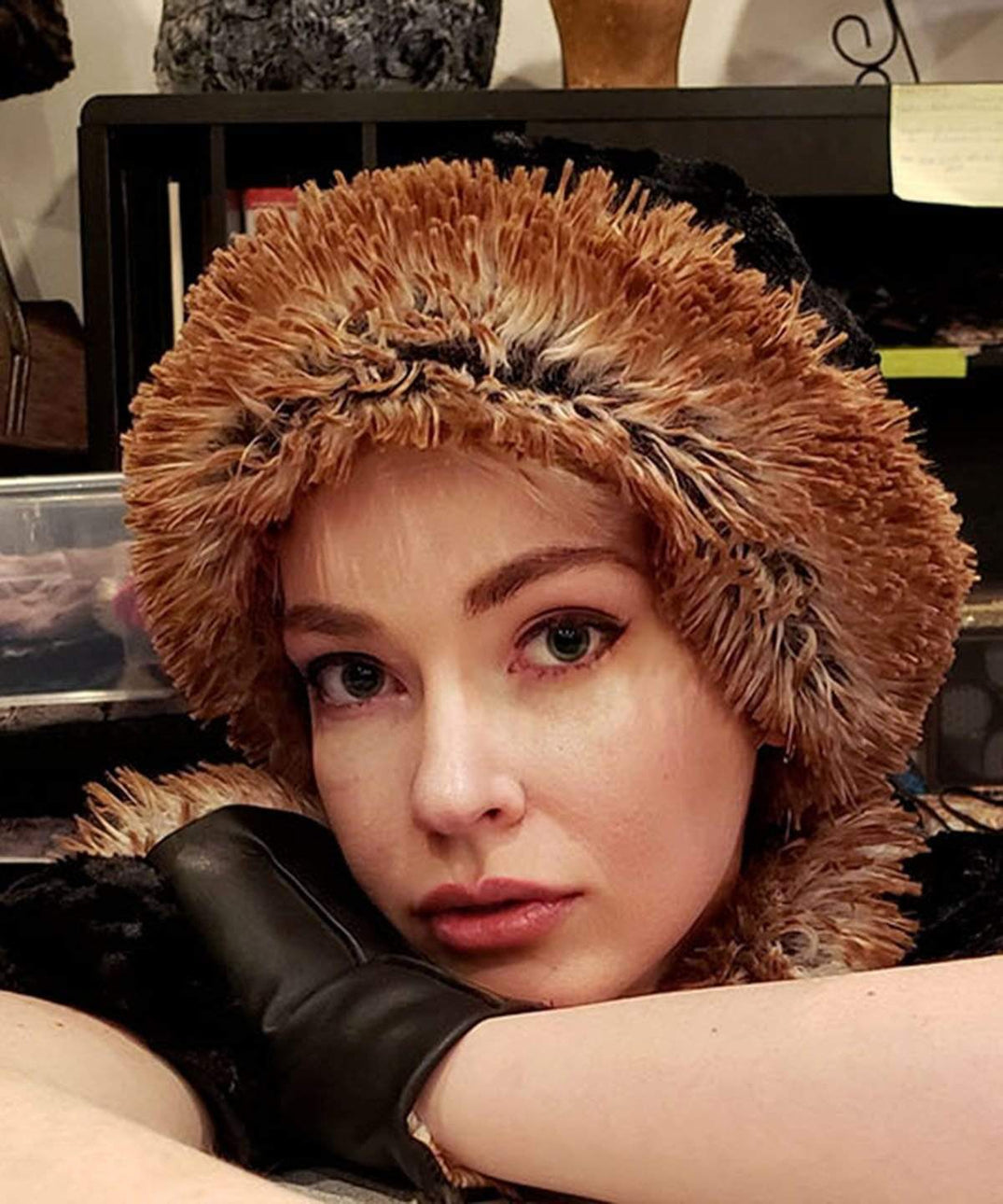 Cuffed Pillbox Hat Red Fox with Cuddly Faux Fur in Black