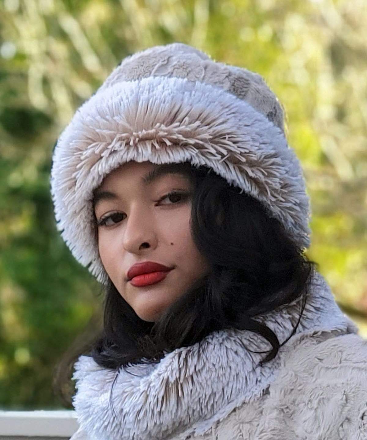 Cuffed Pillbox Hat Foxy Beach with Cuddly Faux Fur in Sand