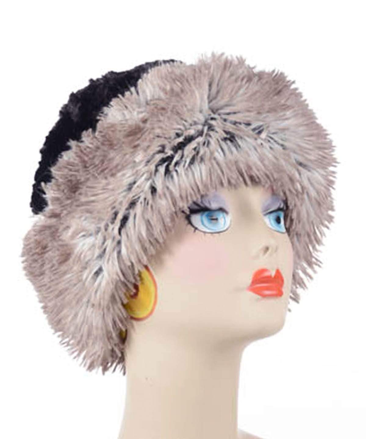 Cuffed Pillbox Hat Arctic Fox with Cuddly Faux Fur in Black