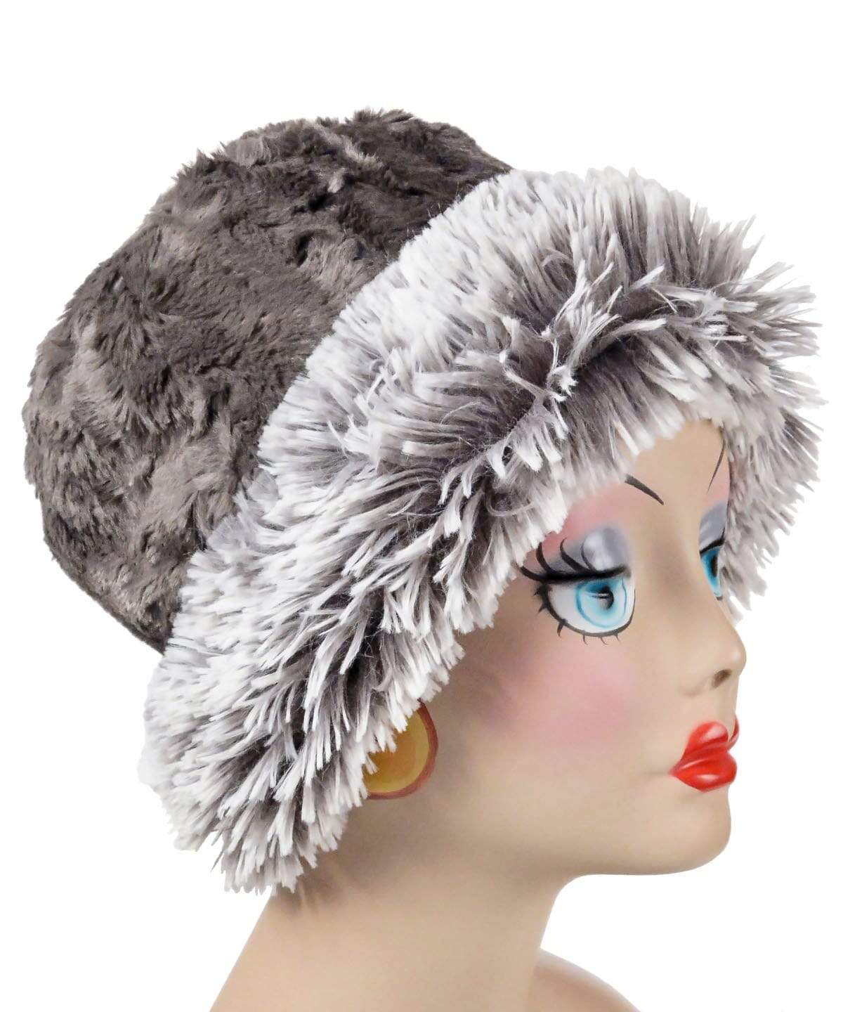 Cuffed Pillbox Hat Pearl Fox with Cuddly Faux Fur in Gray