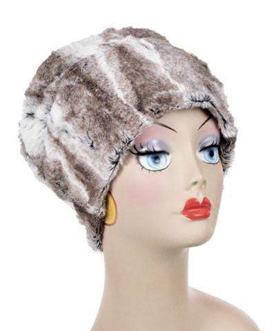 Women's Cuffed Pillbox on mannequin shown cuffed down | Birch brown and cream Faux Fur  with  | Handmade USA by Pandemonium Seattle