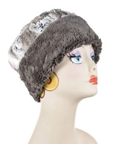 Women&#39;s Cuffed Pillbox on mannequin | Birch brown and cream Faux Fur with Cuddly Gray | Handmade USA by Pandemonium Seattle