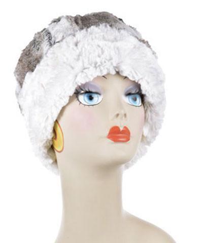 Women&#39;s Cuffed Pillbox on mannequin | Birch brown and cream Faux Fur with Cuddly Ivory | Handmade USA by Pandemonium Seattle