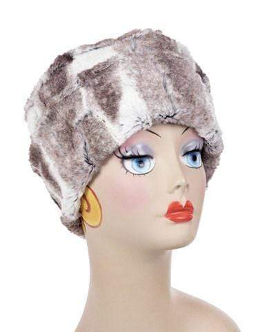  Women's Cuffed Pillbox on model|  Birch brown and cream Faux Fur with Arctic Fox Pom Pom  | Handmade USA by Pandemonium Seattle