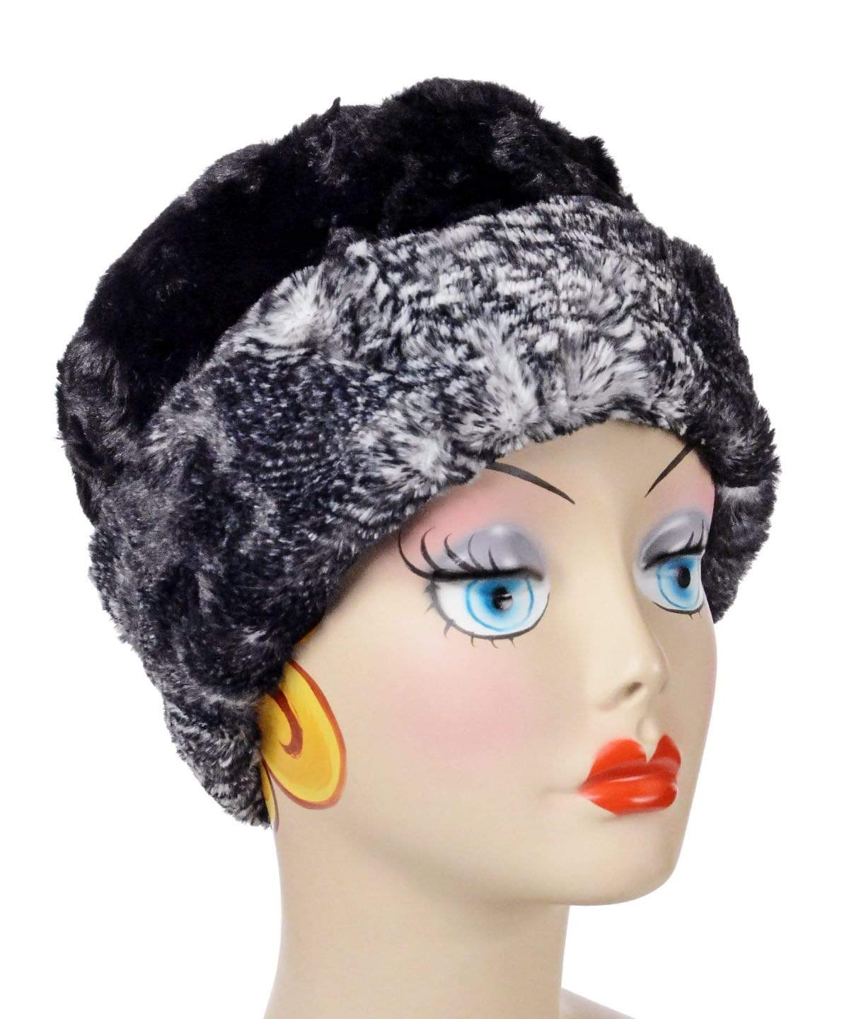   Women&#39;s Cuffed Pillbox on mannequin in reverse | Black Mamba Faux Fur with Cuddly Black  | Handmade USA by Pandemonium Seattle