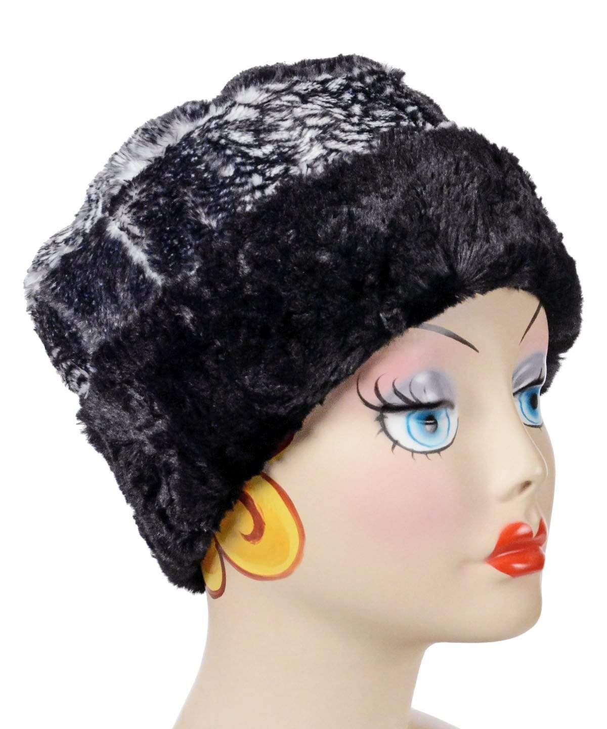  Women's Cuffed Pillbox on model| Black Mamba Faux Fur  | Handmade USA by Pandemonium Seattle