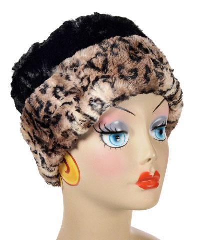 Women's Cuffed Pillbox on mannequin | Carpathian  animal print Faux Fur with Cuddly Black | Handmade USA by Pandemonium Seattle