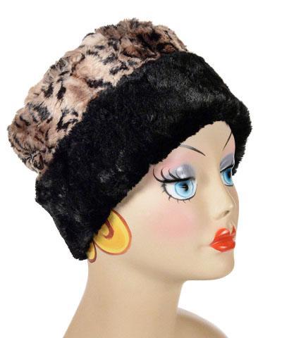 Women&#39;s Cuffed Pillbox on mannequin  Shown in reverse| Carpathian  animal print Faux Fur with Cuddly Black | Handmade USA by Pandemonium Seattle