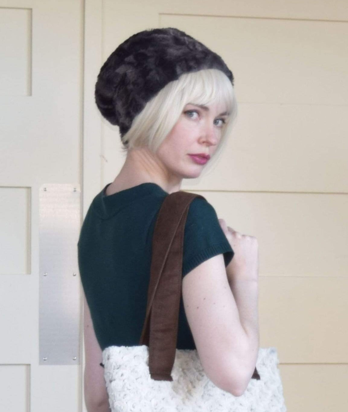 Women's Cuffed Pillbox on model | Espresso Bean Brown Faux Fur | Handmade USA by Pandemonium Seattle