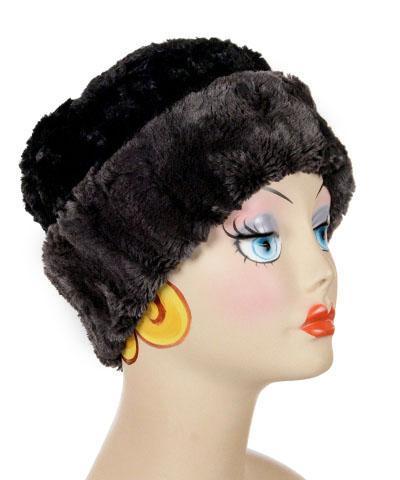 Women's Cuffed Pillbox on mannequin shown in reverse | Espresso Bean Brown Faux Fur with Cuddly Black | Handmade USA by Pandemonium Seattle
