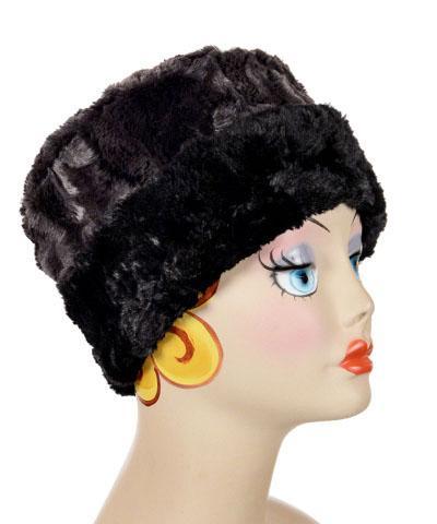 Women's Cuffed Pillbox on mannequin shown in reverse | Espresso Bean Brown Faux Fur with Cuddly Black | Handmade USA by Pandemonium Seattle