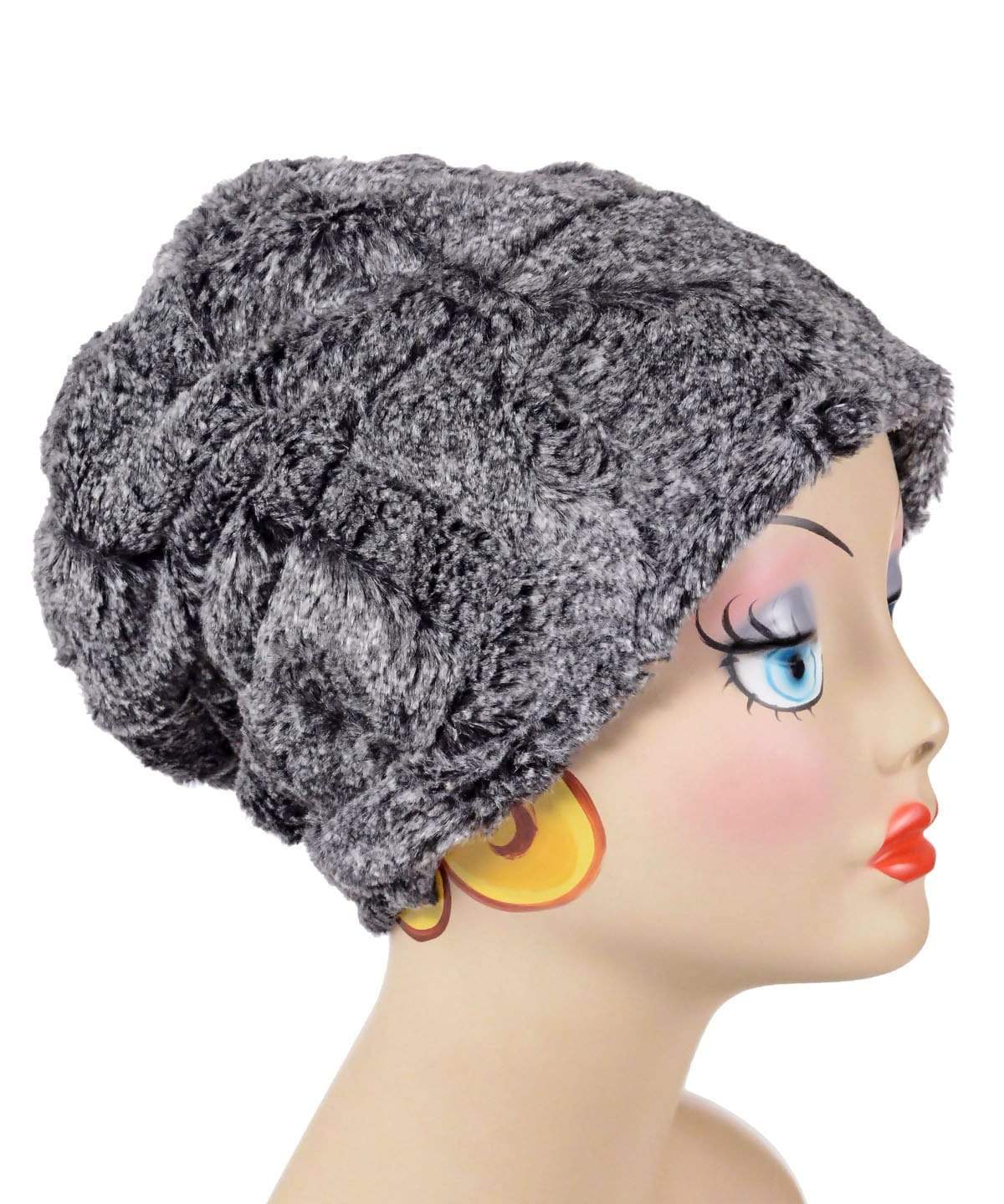 Women's Cuffed Pillbox on mannequin shown uncuffed | Nimbus black and Gray  Faux Fur | Handmade USA by Pandemonium Seattle