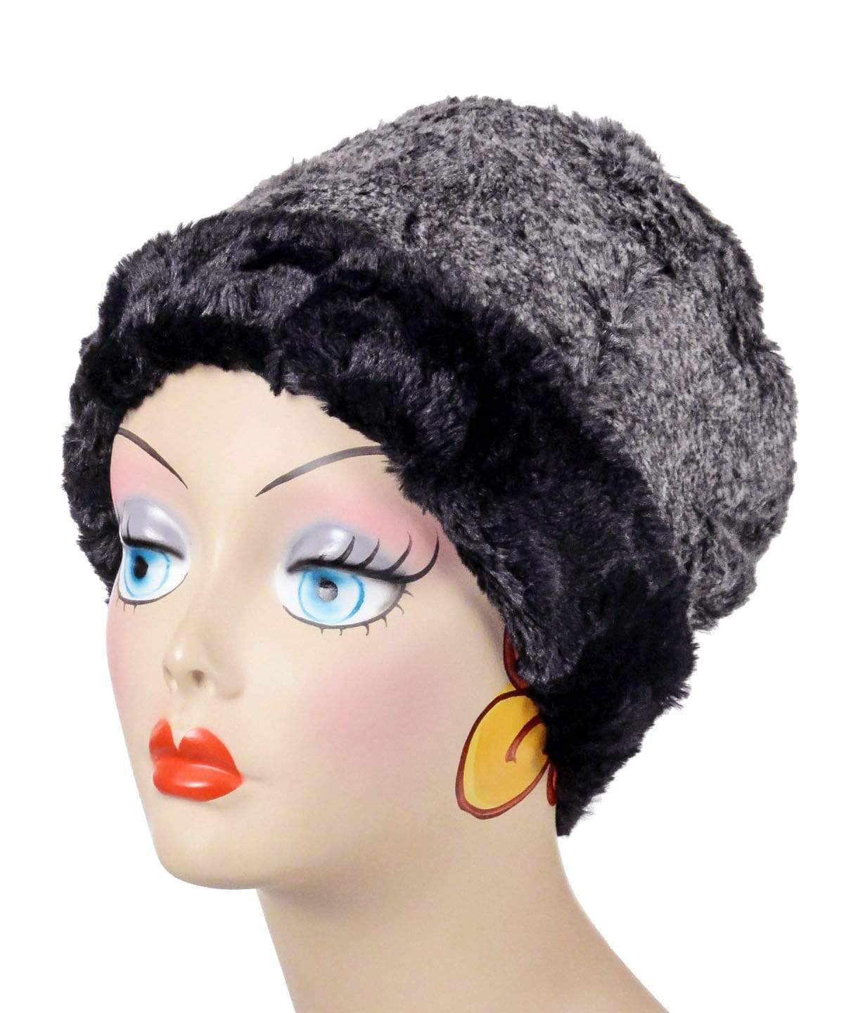 Women&#39;s Cuffed Pillbox on mannequin shown in reverse | Nimbus black and gray  Faux Fur with Cuddly Black | Handmade USA by Pandemonium Seattle