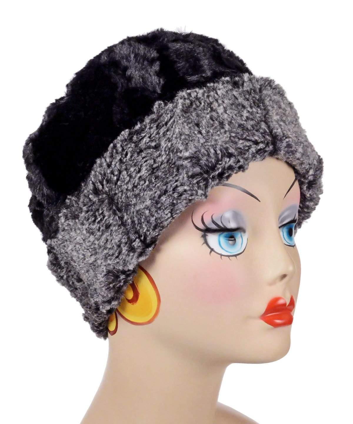 Women's Cuffed Pillbox on mannequin | Nimbus black and gray  Faux Fur with Cuddly Black | Handmade USA by Pandemonium Seattle