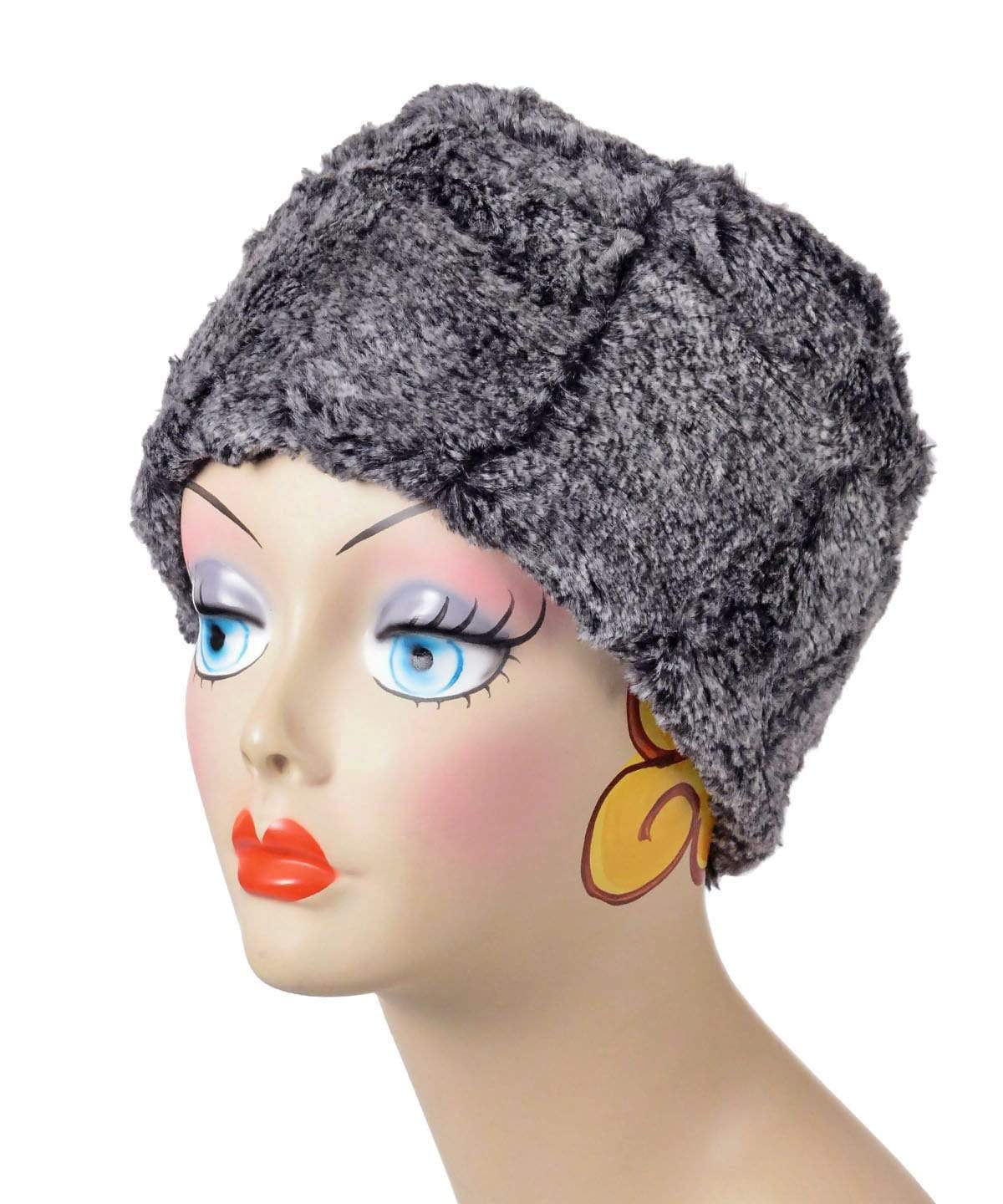 Women's Cuffed Pillbox on mannequin | Nimbus black and gray  Faux Fur | Handmade USA by Pandemonium Seattle