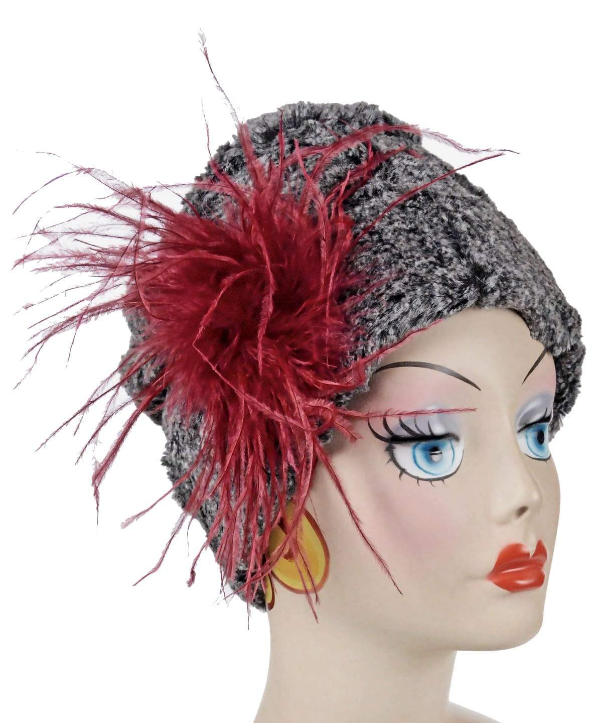 Women's Cuffed Pillbox with burgundy brooch on mannequin | Nimbus black and gray  Faux Fur | Handmade USA by Pandemonium Seattle
