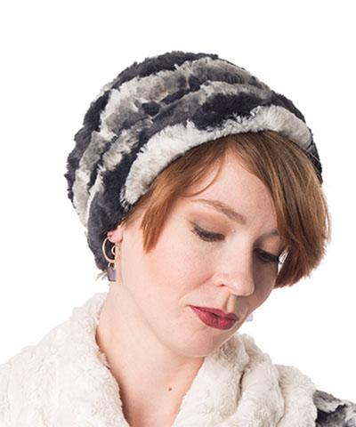 Women's Cuffed Pillbox on model | Ocean mist, navy and cream Faux Fur | Handmade USA by Pandemonium Seattle