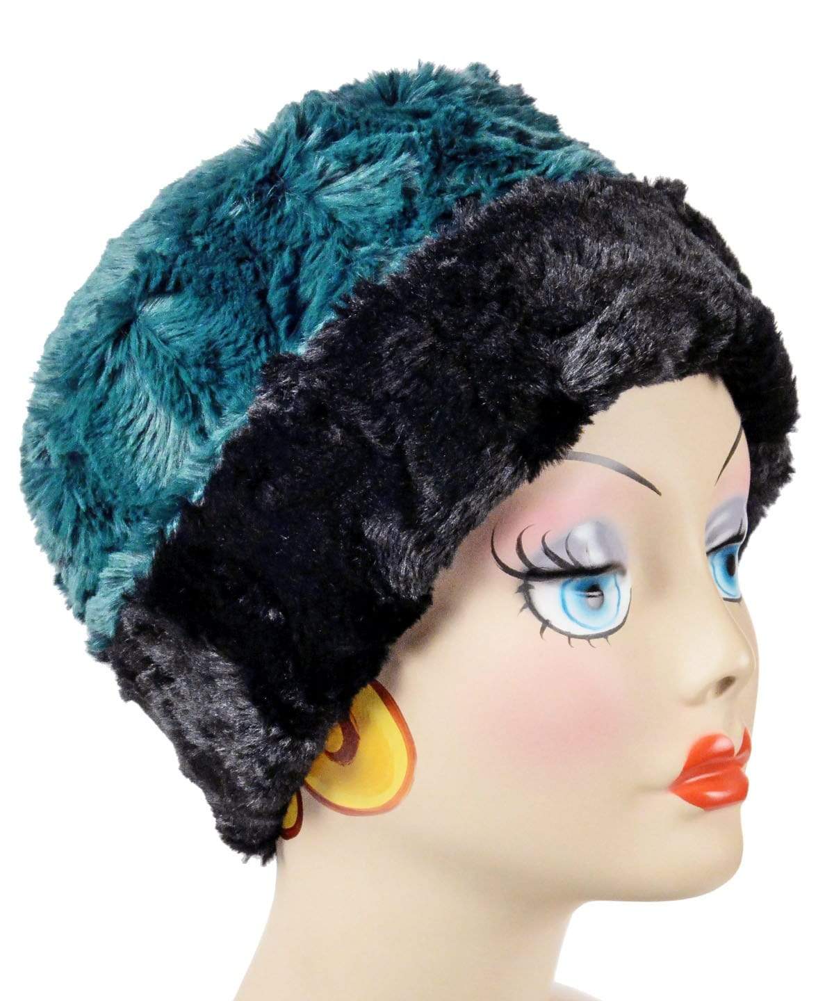 woman wearing a Two Tone Cuffed Pillbox, Reversible shown in Peacock Pond with Cuddly Black Faux Fur by Pandemonium Millinery. Handmade in Seattle, WA USA.