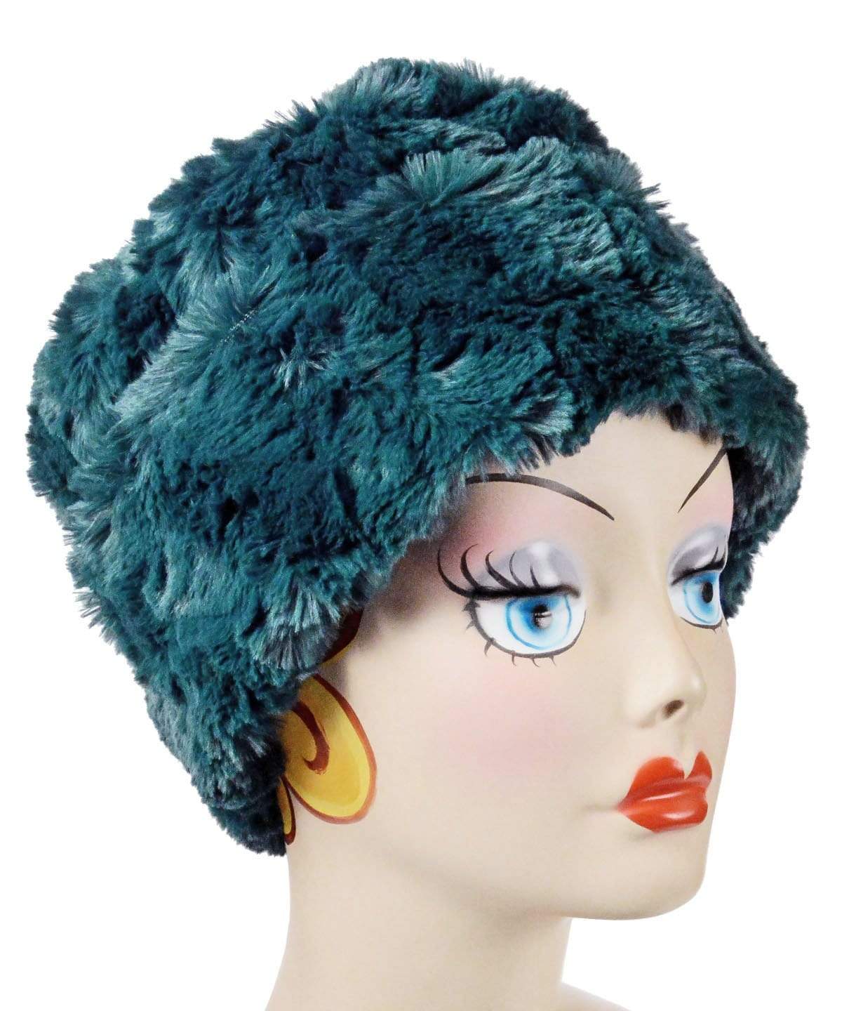  Right side view Cuffed Pillbox Reversible shown in Peacock Pond Faux Fur by Pandemonium Millinery. Handmade in Seattle, WA USA.