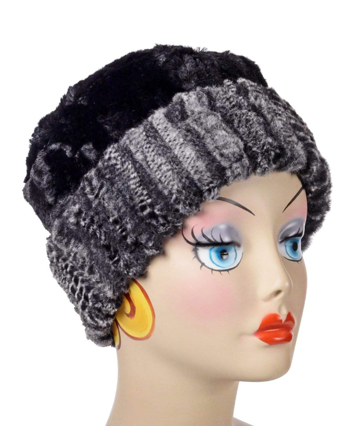   Women's Cuffed Pillbox on mannequin shown in reverse | Rattle ‘n’ Shake Faux Fur  with Cuddly Black | Handmade USA by Pandemonium Seattle