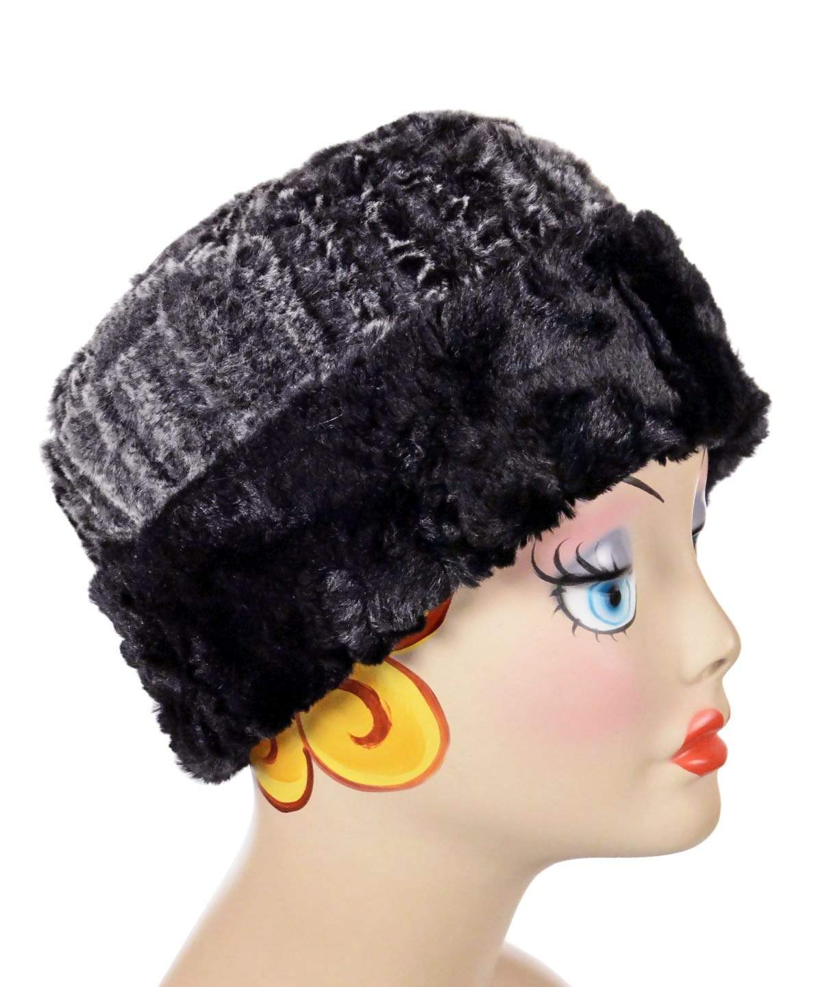   Women&#39;s Cuffed Pillbox on mannequin shown in reverse | Rattle ‘n’ Shake Faux Fur  with Cuddly Black | Handmade USA by Pandemonium Seattle