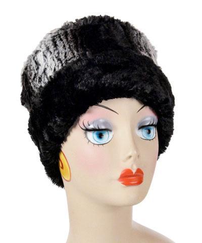 Women's Cuffed Pillbox on mannequin shown in reverse | Smoldering Sequoia Black and  Ivory Faux Fur with Cuddly Black | Handmade USA by Pandemonium Seattle