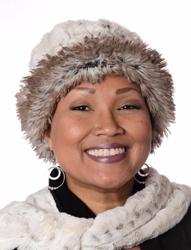 Women's Cuffed Pillbox on model | Cuffed Pillbox Winter Frost with Arctic Fox Faux Fur | | Handmade USA by Pandemonium Seattle