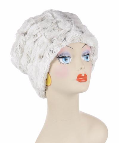 Women's Cuffed Pillbox on model | Cuffed Pillbox Winter Frost with Arctic Fox Faux Fur | | Handmade USA by Pandemonium Seattle