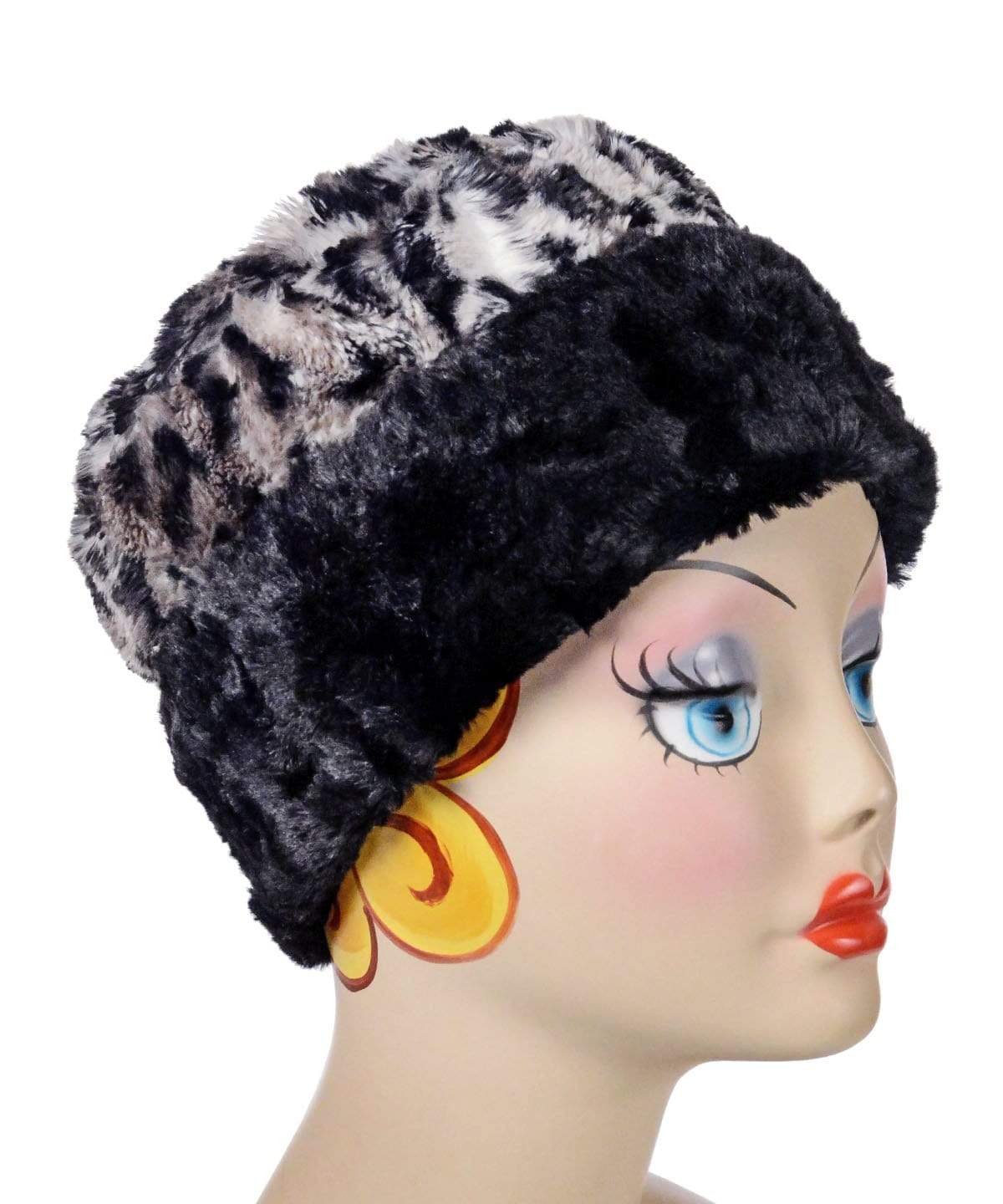 Hat on mannequin | Cuffed Pillbox two-tone  in Savannah Cat and Cuddly Black Faux Fur | Handmade USA Pandemonium Seattle