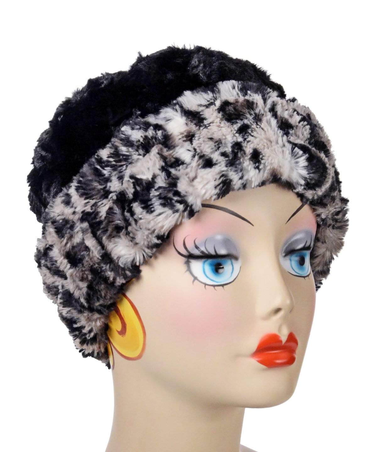 Hat on mannequin | Cuffed Pillbox two-tone  in Savannah Cat and Cuddly Black Faux Fur | Handmade USA Pandemonium Seattle
