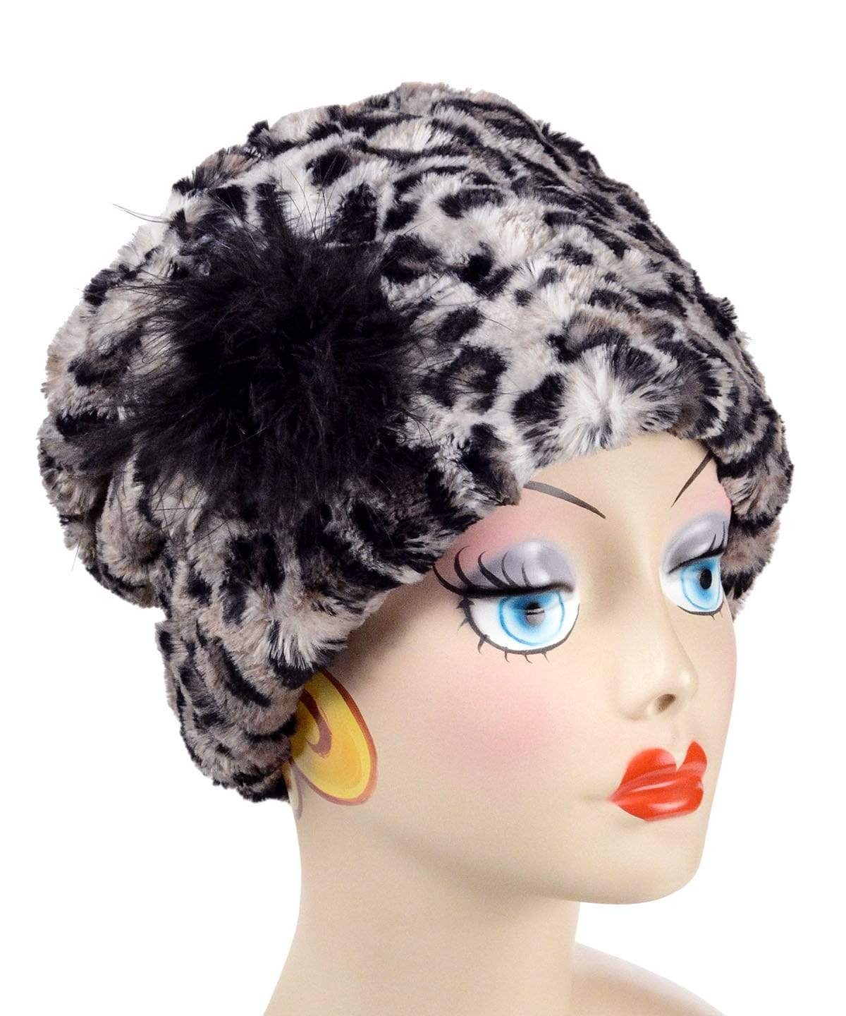 Hat on mannequin | Cuffed Pillbox in Savannah Cat with Ostrich Brooch Trim Faux Fur | Handmade USA Pandemonium Seattle