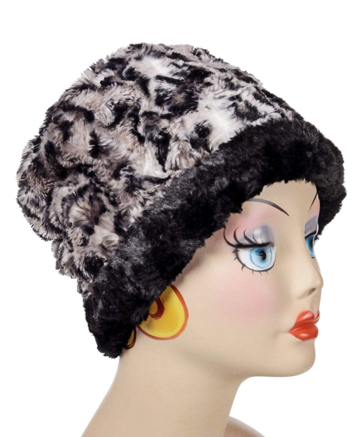   Women&#39;s Cuffed Pillbox on mannequin  shown with a short cuff | Savanah Cat  animal print Faux Fur with Cuddly Black | Handmade USA by Pandemonium Seattle