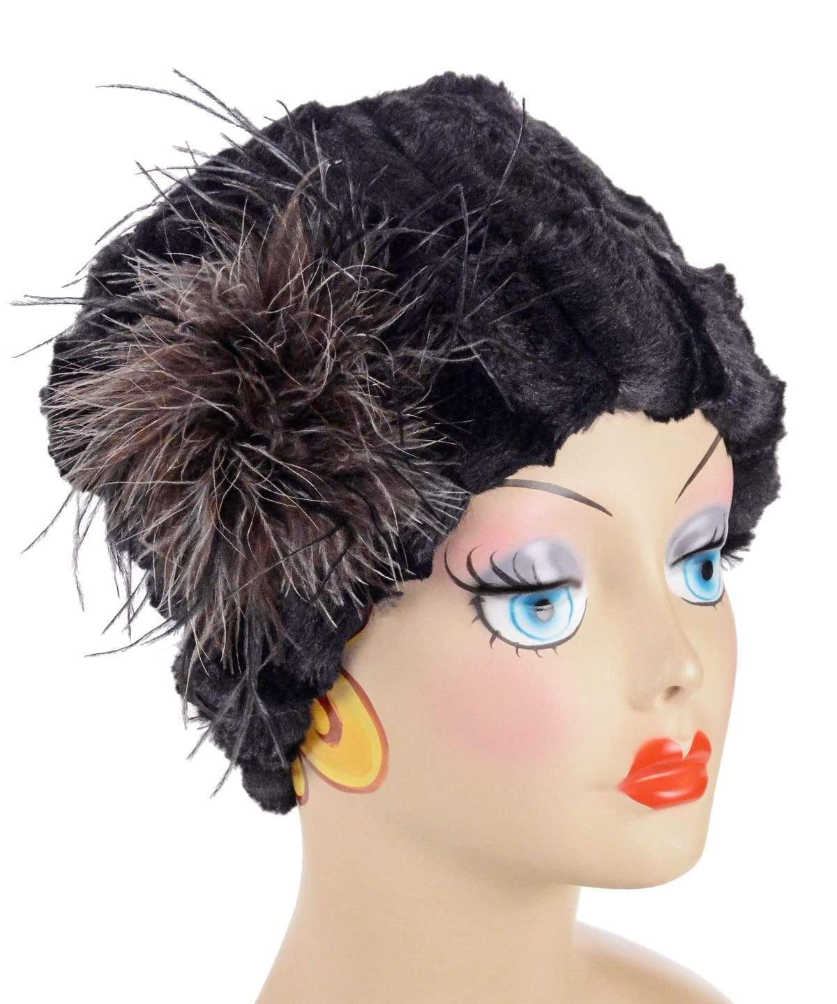 Women's Cuffed Pillbox on mannequin | Minky Black Faux with ostrich trim | Handmade USA by Pandemonium Seattle