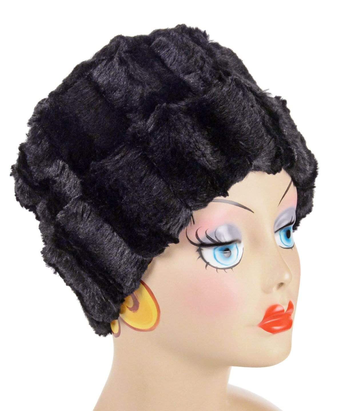Women's Cuffed Pillbox on mannequin | Minky Black Faux with ostrich trim | Handmade USA by Pandemonium Seattle