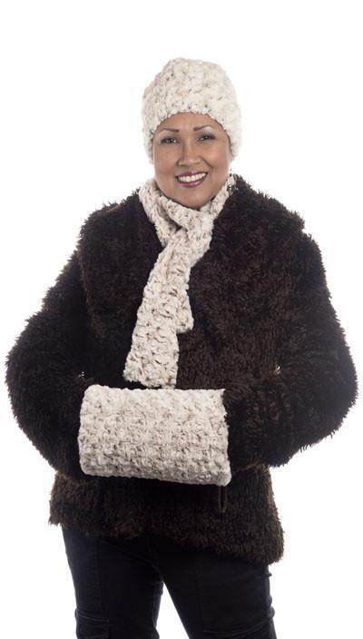   Women's reversible Cuffed Pillbox on model shown in reverse | Rosebud Black Faux Fur with Cuddly Fur in Black and matching Pull Thru scarf | Handmade USA by Pandemonium Seattle