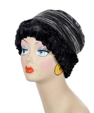Pandemonium Millinery Cuffed Pillbox, Reversible (Two-Tone) - Sweet Stripes in Blackberry Cobbler with Assorted Faux Fur Medium / Blackberry Cobbler / Cuddly Black Hats