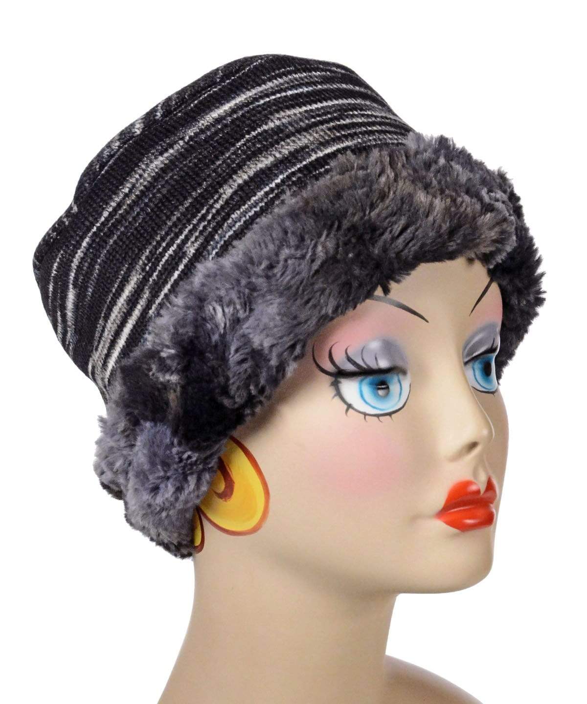 Pandemonium Millinery Cuffed Pillbox, Reversible (Two-Tone) - Sweet Stripes in Blackberry Cobbler with Assorted Faux Fur Medium / Blackberry Cobbler / Highland in Skye Hats