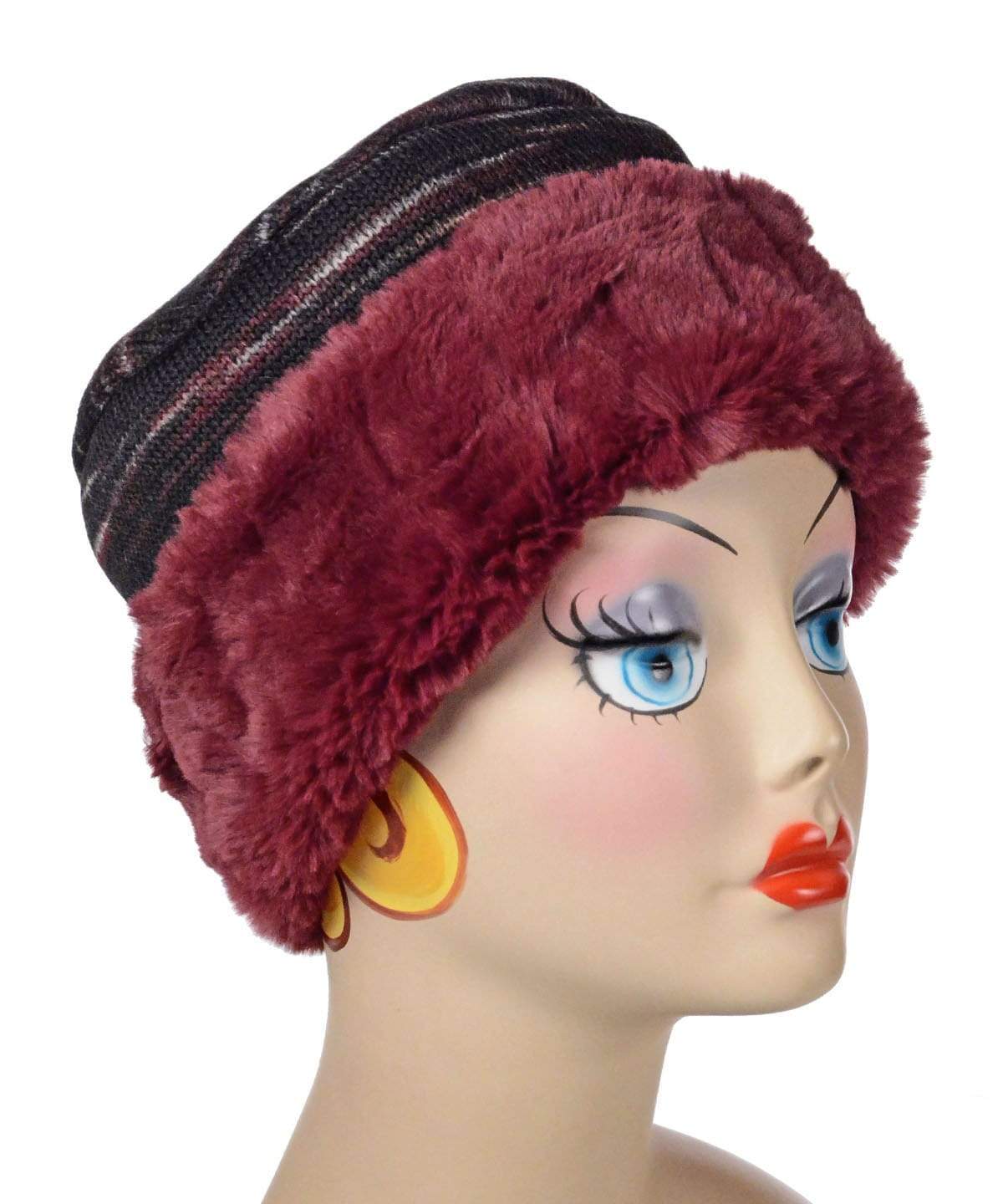 Cuffed Pillbox, Reversible (Two-Tone) - Sweet Stripes in Cherry Cordial with Assorted Faux Fur (Cranberry Creek Lining - Limited Availability)