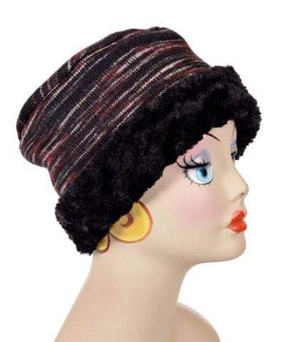 C=Model in Hat| Cuffed Pillbox in Sweat Stipes Cherry Cordial Fox in Black Faux Fur | Handmade USA Pandemonium Seattle